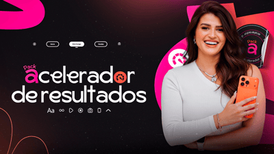 Capa oficial do pack Acelerador de Resultados, com a mentora Isa segurando um celular laranja